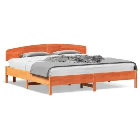 Bed frame with wax brown pine wood headboard 180x200 cm by vidaXL, Beds and slatted bases - Ref: Foro24-3207200, Price: 209,4...