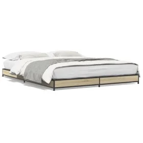 Sonoma oak metal engineered wood bed frame 135x190 cm by vidaXL, Beds and slatted bases - Ref: Foro24-845162, Price: 86,64 €,...