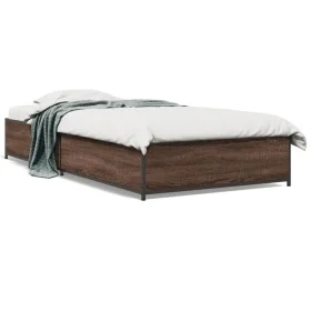 Brown oak metal engineered wood bed frame 90x200 cm by vidaXL, Beds and slatted bases - Ref: Foro24-845115, Price: 72,29 €, D...