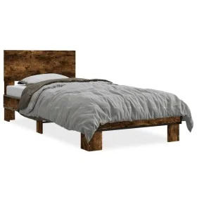 Estructura cama madera ingeniería metal roble humo 100x200 cm de vidaXL, Camas y somieres - Ref: Foro24-845804, Precio: 74,80...