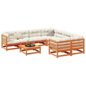 Set de sofás jardín 9 pzas con cojines madera pino marrón cera