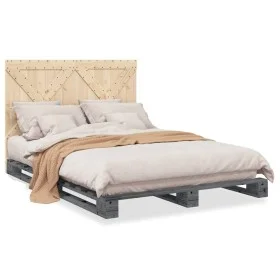 Bed frame with gray pine wood headboard 140x200 cm by vidaXL, Beds and slatted bases - Ref: Foro24-3281582, Price: 218,66 €, ...