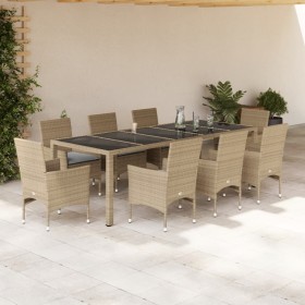 Garten-Essgruppe, 9-teilig, mit Polstern, aus synthetischem Rattan, Glasplatte, in Beige. von vidaXL, Gartensets - Ref: Foro2...