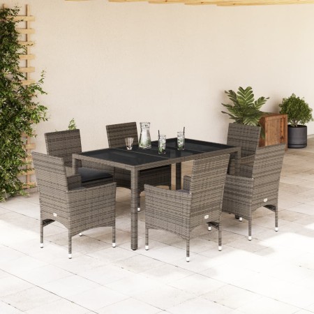 Set comedor jardín 7 pzas y cojines ratán sintético vidrio gris by vidaXL, Garden sets - Ref: Foro24-3278558, Price: 486,03 €...