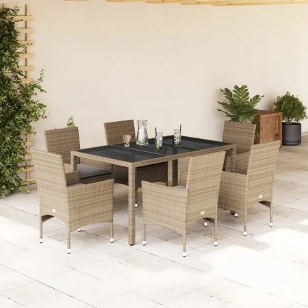 Set comedor jardín 7 pzas cojines ratán sintético vidrio beige by vidaXL, Garden sets - Ref: Foro24-3278564, Price: 515,28 €,...