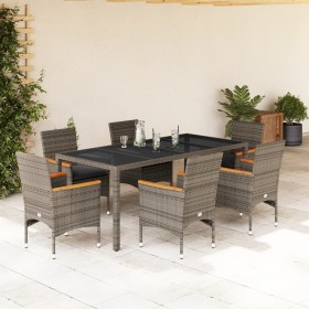 Set comedor jardín 7 pzas y cojines ratán sintético vidrio gris