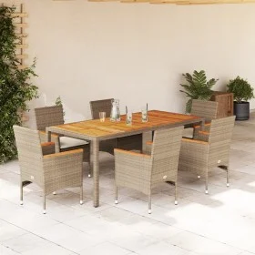 Garten-Essgruppe, 7-teilig, mit PE-Rattan-Akazie-Beige-Kissen. von vidaXL, Gartensets - Ref: Foro24-3278643, Preis: 602,30 €,...