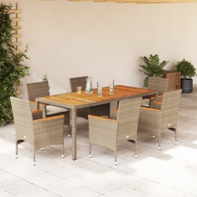 Set de comedor jardín 7 pzas con cojines ratán PE acacia beige