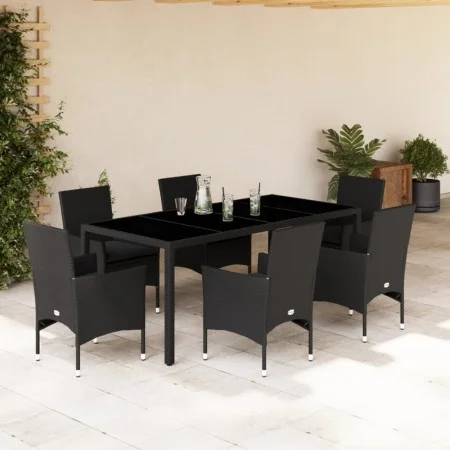 Garten-Essgruppe, 7-teilig, mit synthetischem Rattan, schwarzer Glasplatte und Kissen. von vidaXL, Gartensets - Ref: Foro24-3...