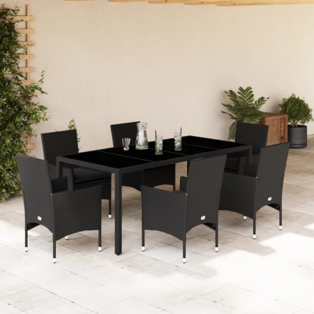 Set comedor jardín 7 pzas cojines ratán sintético vidrio negro by vidaXL, Garden sets - Ref: Foro24-3278547, Price: 522,61 €,...