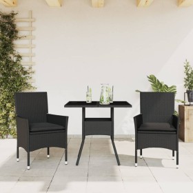 Set comedor jardín 3 pzas cojines ratán sintético vidrio negro