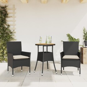 Set de comedor jardín 3 pzas con cojines ratán PE acacia negro