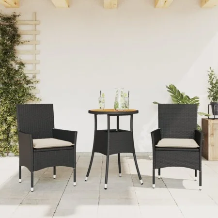 Set de comedor jardín 3 pzas con cojines ratán PE acacia negro by vidaXL, Garden sets - Ref: Foro24-3278727, Price: 174,00 €,...