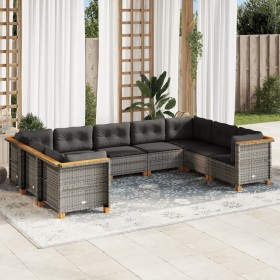 Set de muebles de jardín 9 pzas y cojines ratán sintético gris