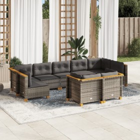 Set de muebles de jardín 9 pzas y cojines ratán sintético gris