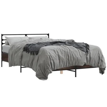 Oak brown metal engineered wood bed frame 140x190 cm by vidaXL, Beds and slatted bases - Ref: Foro24-3280081, Price: 138,33 €...