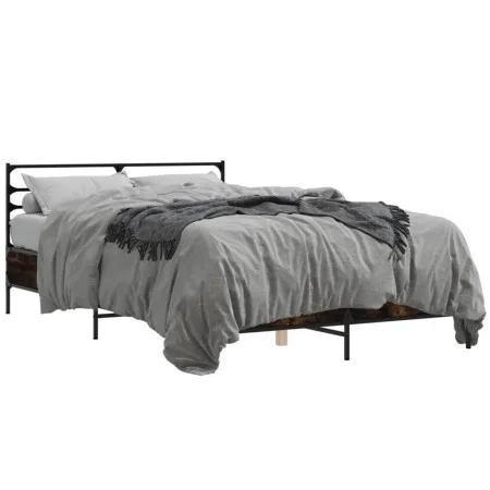 Engineered wood bed frame metal smoked oak 135x190cm by vidaXL, Beds and slatted bases - Ref: Foro24-3280074, Price: 132,11 €...