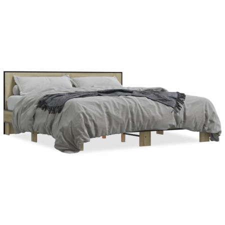 Estructura cama madera ingeniería metal roble Sonoma 200x200 cm de vidaXL, Camas y somieres - Ref: Foro24-3280083, Precio: 16...
