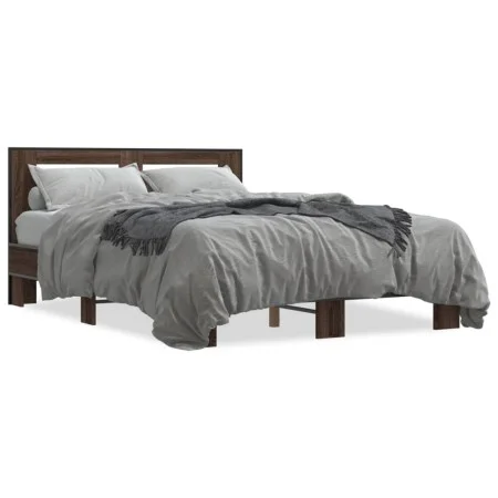 Engineered wood bed frame oak brown metal 140x200 cm by vidaXL, Beds and slatted bases - Ref: Foro24-3280106, Price: 147,17 €...