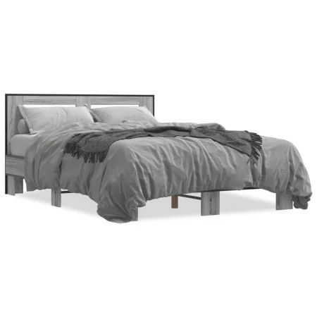 Estructura cama madera ingeniería metal gris Sonoma 135x190 cm de vidaXL, Camas y somieres - Ref: Foro24-3280125, Precio: 144...