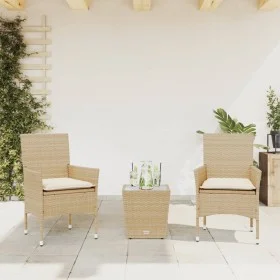 Mesita y sillas con cojines 3 pzas ratán sintético vidrio beige by vidaXL, Garden sets - Ref: Foro24-3278744, Price: 169,82 €...