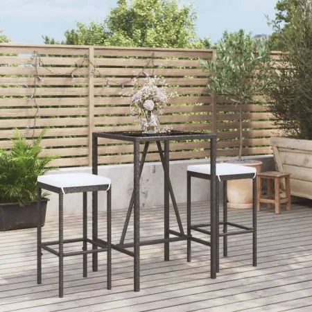 Mesa y taburetes altos jardín 3 piezas y cojines ratán PE negro by vidaXL, Garden sets - Ref: Foro24-3187631, Price: 170,45 €...