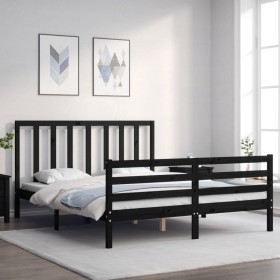 Estructura cama de matrimonio con cabecero madera maciza negro