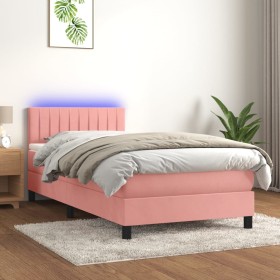 Cama box spring colchón y LED terciopelo rosa 80x200 cm