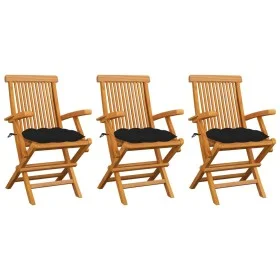 Sillas de jardín 3 uds madera maciza de teca con cojines negros de vidaXL, Sillas de jardín - Ref: Foro24-3062536, Precio: 23...