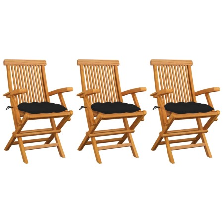 Sillas de jardín 3 uds madera maciza de teca con cojines negros de vidaXL, Sillas de jardín - Ref: Foro24-3062536, Precio: 24...