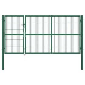 Puerta de valla de jardín con postes acero verde 350x140 cm