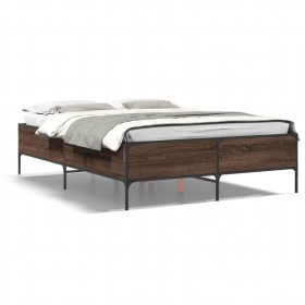 Estructura cama madera ingeniería metal marrón roble 140x190 cm