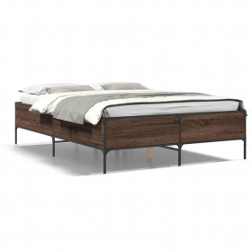 Oak brown metal engineered wood bed frame 140x190 cm by vidaXL, Beds and slatted bases - Ref: Foro24-3279811, Price: 146,18 €...
