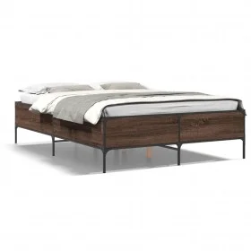 Oak brown metal engineered wood bed frame 140x190 cm by vidaXL, Beds and slatted bases - Ref: Foro24-3279811, Price: 144,40 €...