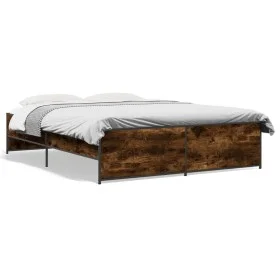 Engineered wood bed frame metal smoked oak 160x200cm by vidaXL, Beds and slatted bases - Ref: Foro24-3279879, Price: 142,24 €...
