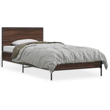 Brown oak metal engineered wood bed frame 90x200 cm by vidaXL, Beds and slatted bases - Ref: Foro24-845521, Price: 73,59 €, D...