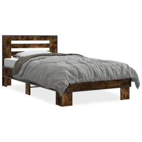Engineered wood bed frame metal smoke oak 75x190 cm by vidaXL, Beds and slatted bases - Ref: Foro24-845659, Price: 71,87 €, D...