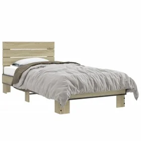Sonoma oak metal engineered wood bed frame 75x190 cm by vidaXL, Beds and slatted bases - Ref: Foro24-845748, Price: 71,87 €, ...