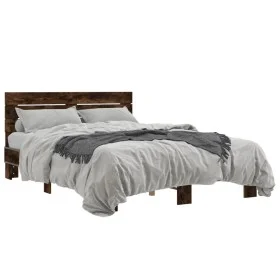Engineered wood bed frame metal smoked oak 135x190cm by vidaXL, Beds and slatted bases - Ref: Foro24-3280164, Price: 137,40 €...