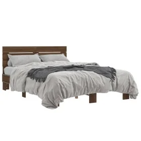 Engineered wood bed frame oak brown metal 135x190 cm by vidaXL, Beds and slatted bases - Ref: Foro24-3280166, Price: 141,98 €...