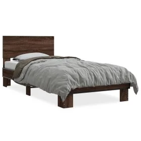 Brown oak metal engineered wood bed frame 90x200 cm by vidaXL, Beds and slatted bases - Ref: Foro24-845811, Price: 94,76 €, D...