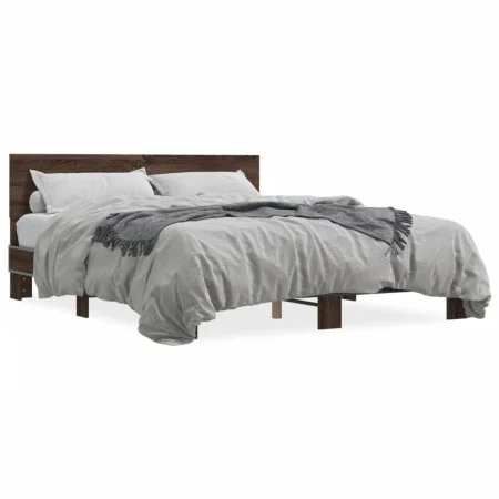 Oak brown metal engineered wood bed frame 150x200 cm by vidaXL, Beds and slatted bases - Ref: Foro24-3280191, Price: 149,63 €...