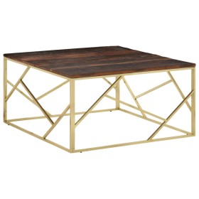 Mesa de centro acero inoxidable madera maciza traviesa dorado