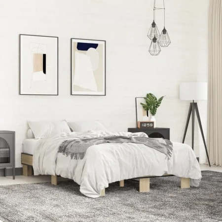 Sonoma oak metal engineered wood bed frame 140x200 cm by vidaXL, Beds and slatted bases - Ref: Foro24-845858, Price: 88,89 €,...