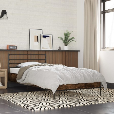 Estructura cama madera ingeniería metal roble humo 100x200 cm de vidaXL, Camas y somieres - Ref: Foro24-845589, Precio: 77,95...