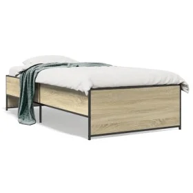 Sonoma oak metal engineered wood bed frame 75x190 cm by vidaXL, Beds and slatted bases - Ref: Foro24-845252, Price: 84,98 €, ...