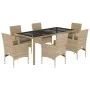 Set comedor jardín 7 pzas cojines ratán sintético vidrio beige de vidaXL, Conjuntos de jardín - Ref: Foro24-3278565, Precio: ...