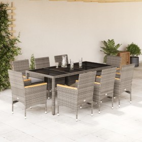 Set comedor jardín 9 pzas y cojines ratán sintético vidrio gris