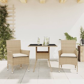 Set comedor jardín 3 pzas cojines ratán sintético vidrio beige