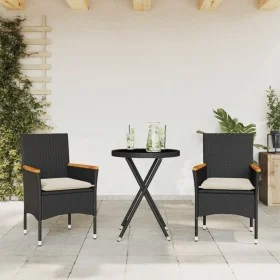 Tisch und Stühle mit Kissen, 3 Stück, synthetisches Rattan, schwarzes Glas von vidaXL, Gartensets - Ref: Foro24-3278753, Prei...